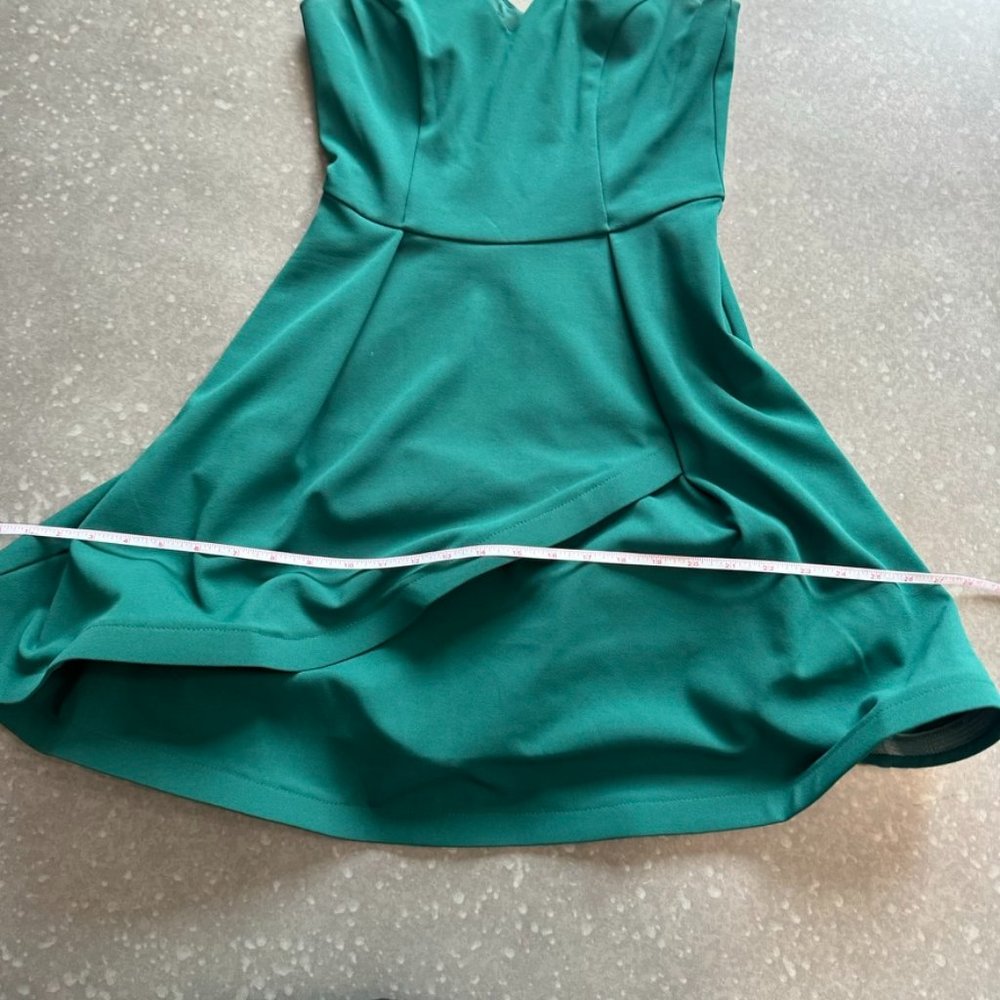 By & By Emerald Green Fit & Flare Dress – Sleeveless V-Neck Party Dress - Picture 15 of 16